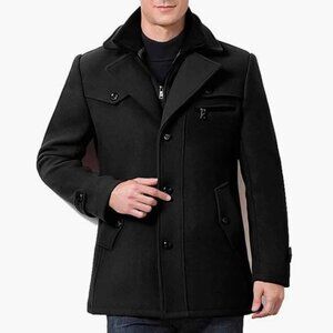 Men's Winter Pea Coat Large Slim Fit Single Breasted Short Jacket Woolen Blend